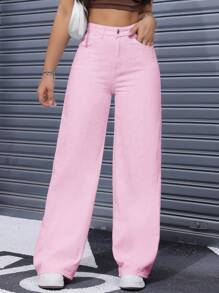 SHEIN ICON Women's Front Button Pocket Casual Loose Straight Jeans Y2k - Pink - View 5