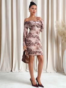 SHEIN Clasi Off-The-Shoulder Leopard Print Ruched Fitted Dress,Valentine's Day Dress