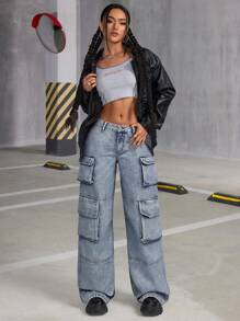 SHEIN ICON Women's Multi Pocket Loose Casual Wide Leg Cargo Jeans