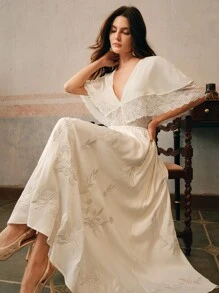 Anewsta Đầm voan dài không tay cổ chữ V nhún bèo thêu viền ren cho nữ đi nghỉ thường ngày - trắng - Xem 1