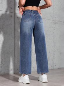 SHEIN PETITE 女士简约时尚休闲日常牛仔裤 - 藍色 - 查看 3