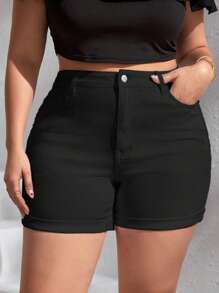 SHEIN CURVE+ Plus Size Women's Elastic Black Folded Hem Denim Shorts