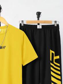 SHEIN 2 件套青少年男童休闲简约字母印花圆领上衣和短裤套装，适合夏季、运动、跑步、户外 - 黃色 - 查看 4