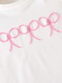 Baby Girl Casual Cute Bow Embroidered Round Neck Short Sleeve Tops, Versatile For Daily Wear, Summer