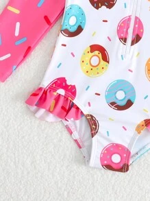 SHEIN 女婴可爱甜甜圈印花荷叶边长袖连体泳衣，海滩度假 - 彩色 - 查看 4