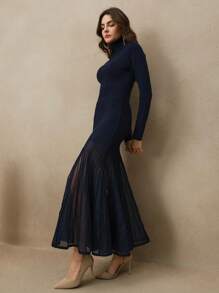 Anewsta Women's Elegant High Neck Patchwork Fabric Waist Fitted Sheer Sequin Mermaid Hem Knit Dress, Valentine's Day & New Year's Outfit - Blue - View 6