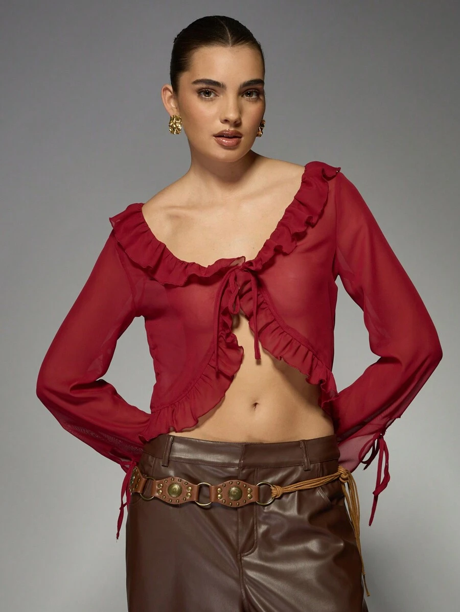 MISSGUIDED Ruffle Trim Sheer Crop Blouse With Front Tie Detail Long Sleeve Holiday Party Evening Top Lightweight Festival Spring Summer Christmas