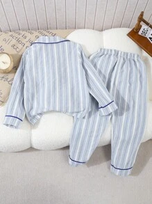 SHEIN 2pcs Young Boys Classic Striped Cardigan & Pants Loungewear Set - Blue - View 2