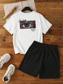 Manfinity Homme Plus Size Men's Eye Slogan Print Short Sleeve T-Shirt & Shorts Set - Black and White - View 1