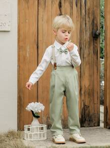 Souflis Souflis Vintage French Young Boys' Gentleman Outfit Set: Bow Tie White Shirt + Light Green Bib Pants, Spring/Summer - Green - View 6