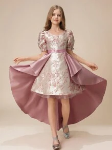 Tween Girl Wedding Flower Girl Fancy Jacquard 2 Pieces Set, Asymmetric Ruffle Hem Long Dress, Suitable For Formal Occasions, Parties, Birthdays - Pink - View 5