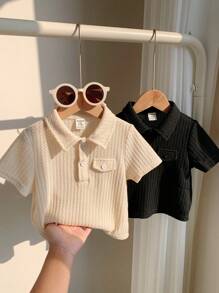SHEIN Set de 2 pullovers de bebé niño de unicolor, de punto suave, con cuello vuelto, manga corta y cierre parcial - Multicolor - Ver 7