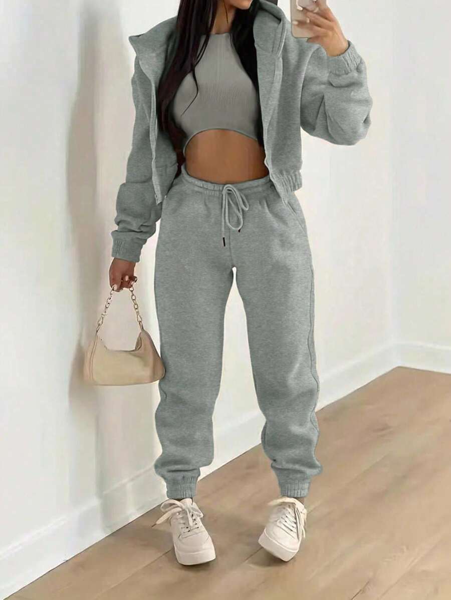 SHEIN LUNE Quý cô Màu thuần Quần skinny Áo ba lỗ Và Áo Zip Up Hoodie Và Tập thể dục Quần 3 cái/bộ - Xám - Xem 1