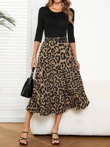 EMERY ROSE 2pcs/Set Women Solid Color Round Neck 3/4 Sleeve T-Shirt & Leopard Print Mini Skirt - Multicolor - View 6