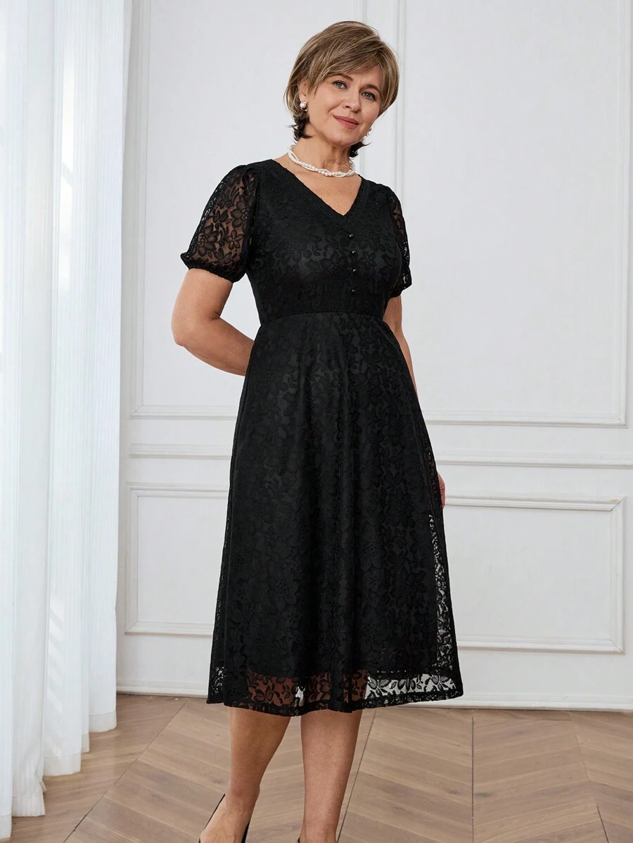 Miaspire Spring/Summer Casual V-Neck Lace Trim Puff Sleeve Mid-Length Lace Dress For Women