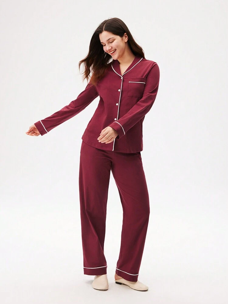 Pyjamas de Noël et du Nouvel An Automne et Hiver Rouge bourgogne et bourgogne Doux 100% coton pur Col châle Top boutonnée et pantalon Ensemble de pyjama Pantalon avec poches Ensembles de détente pour femmes Vêtements de pyjama d'automne