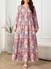 Al Najma Plus Size Leopard & Floral Print Dress - Multicolor - View 4