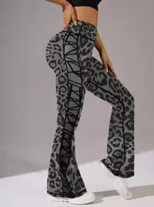 SHEIN Sports Leopard Print Patchwork Flocked & Mesh Flare Leg Yoga Pants - Grey - View 7