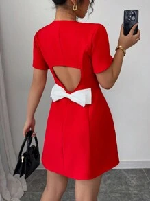 Elenzga Red Color Block Bow Decor Backless Short Dress - Red - View 2