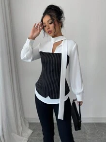 Chiquease 条纹领带领拼布面料优雅女士休闲长袖衬衫 - 白色 - 查看 6