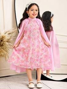 SHEIN 2pcs Set: Colorful Floral Embroidered Mesh Frill A-Line Collar Tank Dress & Organza Shawl Jacket, Elegant Casual For Young Girls