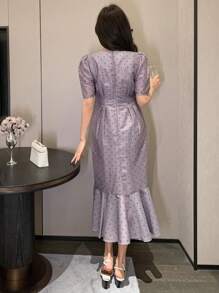 DAZY 波点V领镂空鱼尾中长连衣裙，女士舞会礼服，吊带裙，婚纱，奢华优雅女士连衣裙 - 紫色 - 查看 2