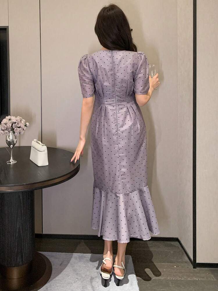 Polka Dot V-Neck Hollow Out Fishtail Midi Dress For Women Prom Dress Sundress,Dress For Wedding Luxury Elegant Women Dresses