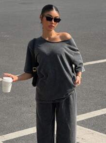 SHEIN EZwear Western Wear Women's Summer Retro Loose Asymmetrical Shoulder T-Shirt & Pants Set