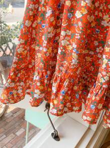 SHEIN Vestido Solto de Gola Redonda com Floral Miúdo Elegante Francês para Meninas, Primavera/Verão - Multicolorido - Visão 3
