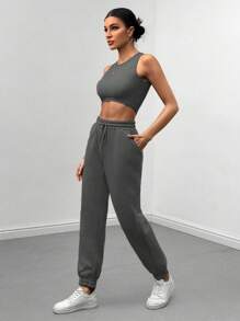 BamGleam Conjunto De Chaleco Con Pantalón Deportivo Y Sudadera Corta Con Capucha De Color Liso De 3 Piezas