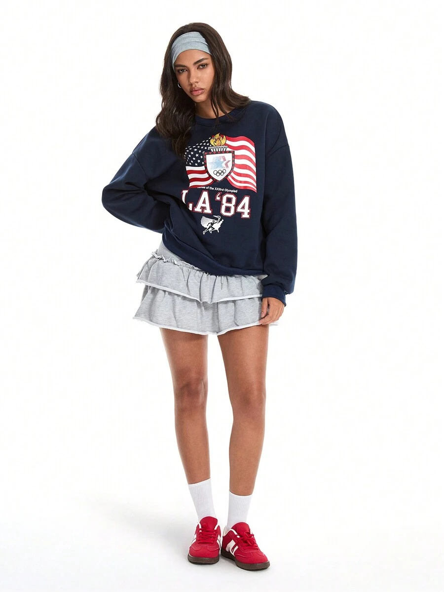 SHEIN Unity 女式宽松休闲美国国旗和字母印花羊毛圆领运动衫 - 藏蓝色 - 查看 1