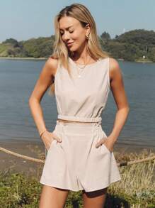 SHEIN LUNE Conjunto de camisa sin mangas con bajo ajustable con cordón y bolsillo fruncido en la cintura, shorts acampanados, hecho de mezcla de lino