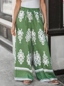SHEIN LUNE 女式花卉印花松紧腰带双口袋阔腿裤 - 綠色 - 查看 3