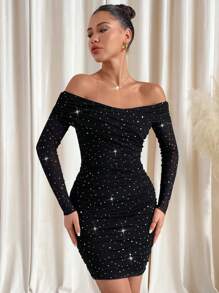 SHEIN Clasi Women's Off Shoulder Long Sleeve Fitted Glitter Rhinestone Dress, New Year Valentines Clothes - Black - View 5