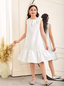 SHEIN Leap Crew Tween 女童休闲优雅串珠不对称荷叶边领无袖拼布褶皱下摆 A 字纯色针织连衣裙