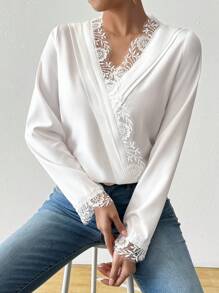 Chiquease Blusa elegante de mujer de unicolor, cuello en V, manga larga con volantes en el borde - Blanco - Ver 4