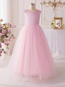 SHEIN Tween Girls' Solid Jacquard Sleeveless Mesh Splice Ruffle Hem Princess Dress, Suitable For Graduation, Birthday Party - Pink - View 1