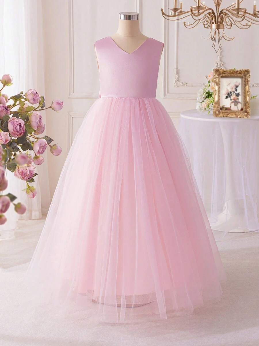 SHEIN Tween Girls' Solid Jacquard Sleeveless Mesh Splice Ruffle Hem Princess Dress, Suitable For Graduation, Birthday Party - Pink - View 1