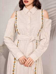 Al Najma Women's Floral Print Off The Shoulder Long Sleeve Elegant Dress - Apricot - View 3