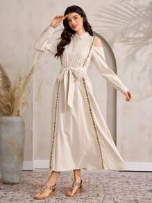 Al Najma Women's Floral Print Off The Shoulder Long Sleeve Elegant Dress - Apricot - View 4