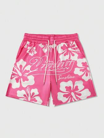 Street Life Shorts con cordón en la cintura con estampado floral y de letras para hombre