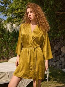 Ocili Leisure Soft And Smooth Jacquard Pattern Satin Landscape Women Sleepwear Robe - Mustard Yellow - View 2