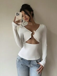 Aloruh 女款秋冬新款纯色镂空设计琥珀宝石金属纽扣装饰黑色紧身圆领白色长袖T恤 - 白色 - 查看 6