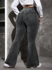 SHEIN EZwear 大码弹力牛仔喇叭牛仔裤，休闲高腰蓝色