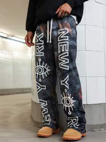 Manfinity Streetrush Manfinity Streetrush Men's Branch & Letter Print Drawstring Waist Casual Pants,Camo Pants