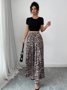 Elenzga Pantalones holgados de cintura alta con estampado de leopardo, pantalones plisados casuales de flujo primavera/verano nuevo