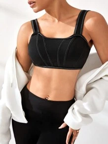 SHEIN Women's Simple Wide Strap Sports Bra, Casual Wear - Black - View 5