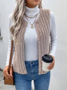 EMERY ROSE Solid Color Sleeveless Casual Jacket, Autumn/Winter - Apricot - View 5