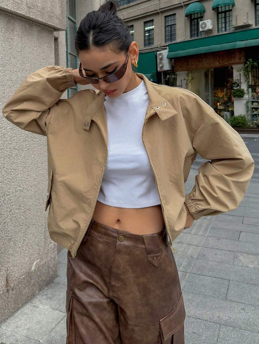 DAZY 女士纯色宽松长袖拉链休闲度假夏季夹克、秋装 - 卡其色 - 查看 1