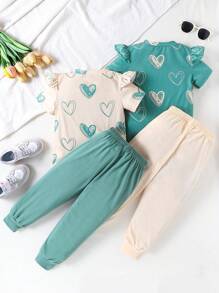 Conjunto de 2 piezas para niñas con camiseta de manga corta con estampado de corazón y pantalones con cordón y gráfico de corazón, conjunto de verano para uso diario, salidas, deportes, 4 piezas/set